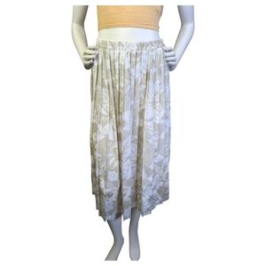 Vintage Pleated Floral Midi Skirt Elastic Waist Cottagecore Beige White | Size S
